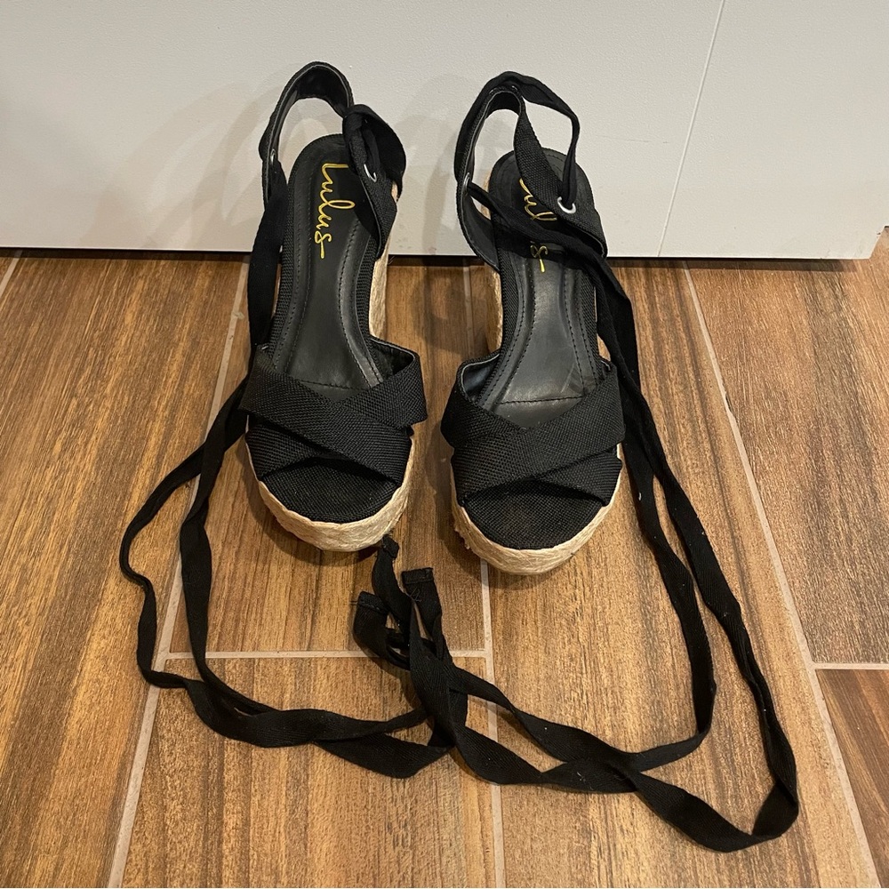 Lulu's Black Espadrille Tie-up Wedges